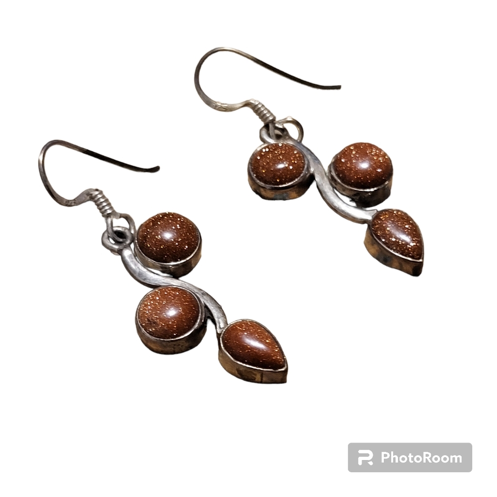 Vintage silver plated with goldstone dangle earrings - Picture 3 of 5